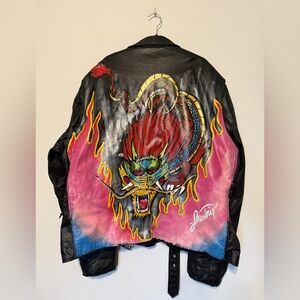 Painted Dragon / Black Faux Leather Biker Jacket
